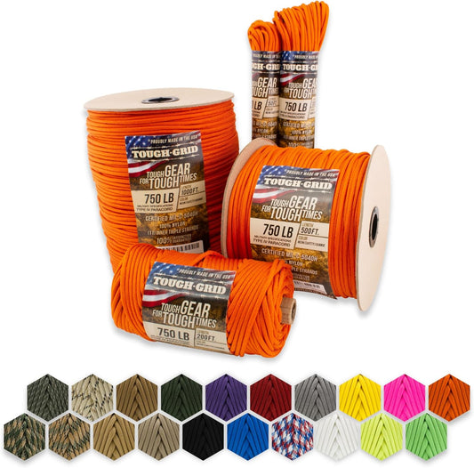 TOUGH-GRID 750 Paracord Rope Nylon Parachute Cord, Made in USA Survival Kit, Outdoor Adventures, Camping, Tactical Gear & Emergency Supplies, Military Type IV Mil-Spec
