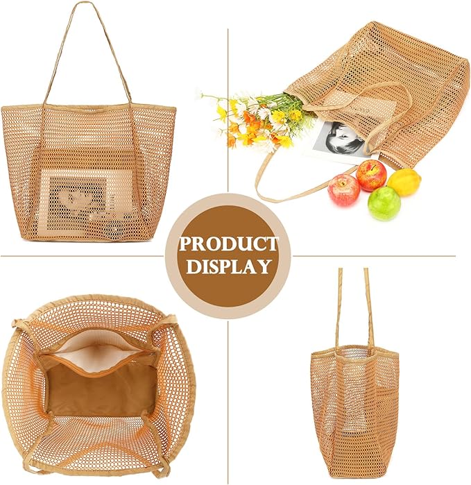 Mesh Beach Bag, Large Beach Tote with Zipper Pocket, Toys Pool Bag for Family Travel Vacation Cruise Essentials