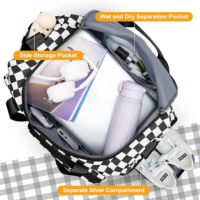 WOOMADA Foldable Travel Duffel Bag for Women, Weekender Bags with Shoes Compartment,Overnight Bag with Wet Pocket & Trolley Sleeve(black&white checkboard)