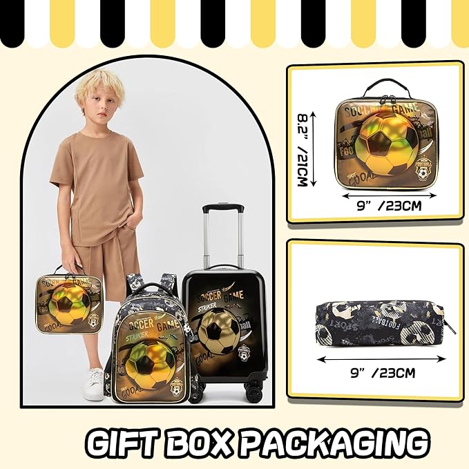 Kid's Football Luggage Set 5 Piece Suitcase Set 16" Hardside Luggage with Spinner Wheels Boys Carry on Toddler Travel Rolling Luggage Airline Approved