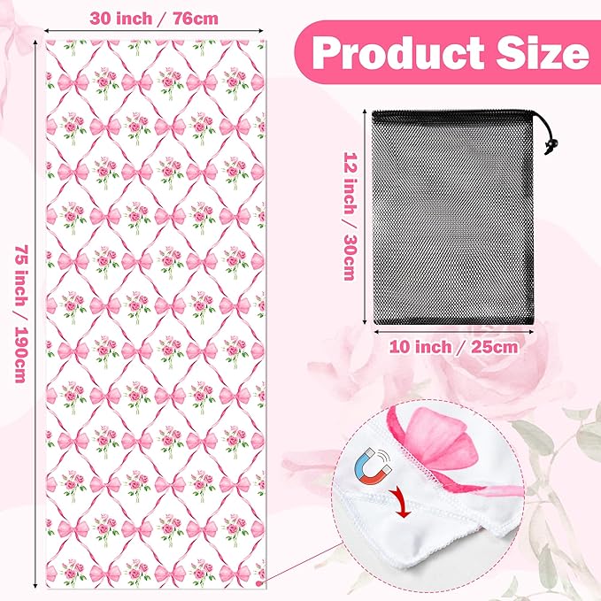 Coquette Pink Bow Rose Magnetic Beach Towel - 74.8"x30" Sand Free Quick Dry Microfiber Towel with Built-in Magnets Lightweight for Beach Chair Car Door Pool Travel Yoga with Storage Bag