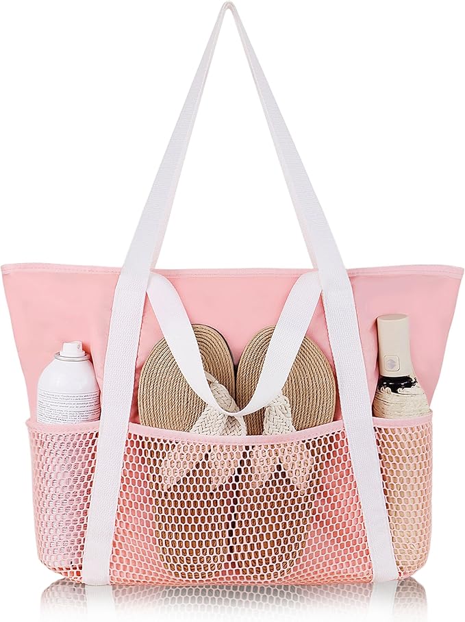 HOMESPON Beach Bag Large Waterproof Sandproof Foldable Tote for Women with Zipper Mesh Pockets for Pool Swim Travel Everyday
