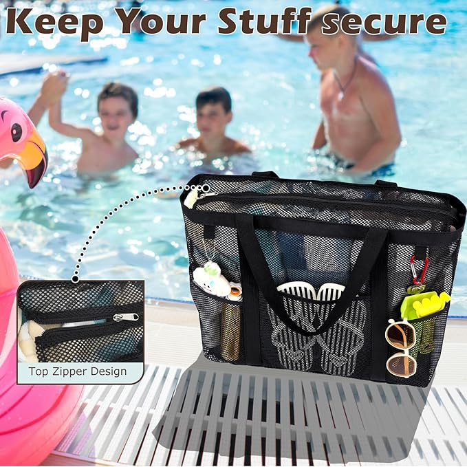 Mesh Beach Bag with Zipper, Large Beach Tote for Women, Toys Pool Swim Bag Travel Vacation Cruise Essentials