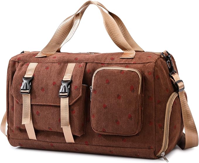 MYHOZEE Strawberry Corduroy Duffel Bag for Women, Gym Bag with Shoe Compartment & Wet Dry Pocket, Lightweight Travel Bag with Adjustable Strap, Sports Weekender Overnight Bag for Work Swimming Yoga