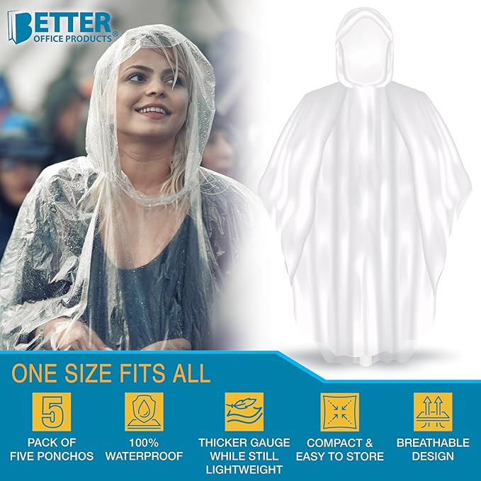 Better Office Products Disposable Clear Rain Ponchos with Hood for Adults (Thicker Gauge), Emergency Ponchos, Lightweight