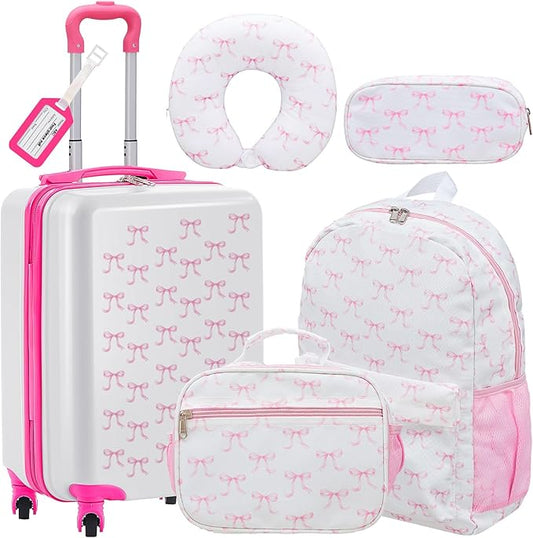 Redbaker 17 Inch 6 Pcs Kids Luggage Set Gifts for Christmas Kids Rolling Luggage Double Pattern Suitcase for Boys Girls (Pink, Bow Style)