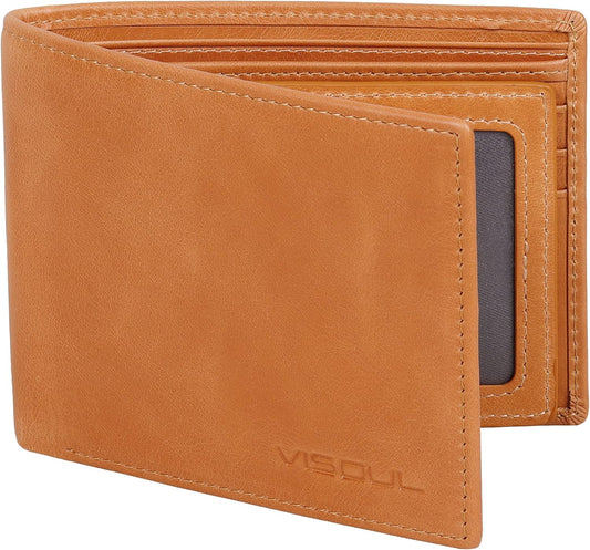 VISOUL Leather Mens Bifold RFID Blocking Wallet with 2 ID Windows, Leather Wallet for Men (Leather, Tan)