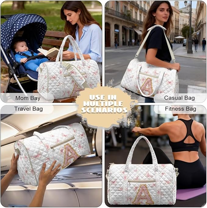 COEQINE Quilted Duffel Bag Pink Floral Initial Name A-Z Personal Item Travel Bag for Women Purses Quilted Tote Bag For Woman With Zipper and Trolley Sleeve