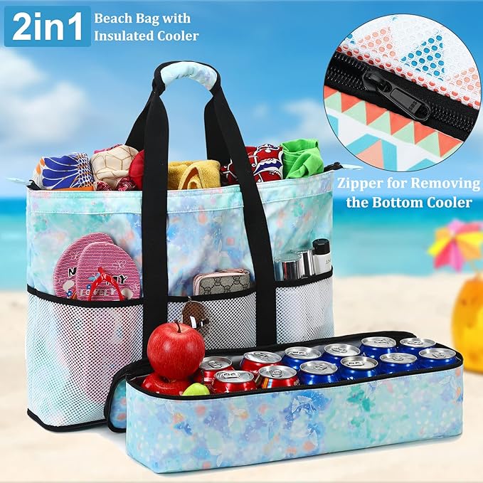 JIANYA Beach Bag Women Waterproof Sandproof Beach Tote Bags with Cooler Top Zipper Large Totes for Pool Travel Daily
