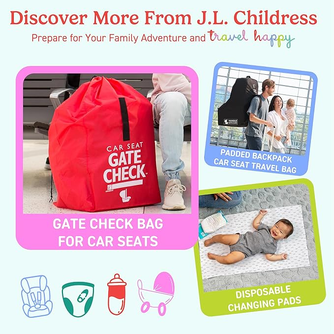 J.L. Childress Gate Check Bag for Single & Some Double Strollers - Travel Bag for Airplane, Fits Most Standard Baby Strollers, Airport Accessories Gate Check, Flying Essentials - Black