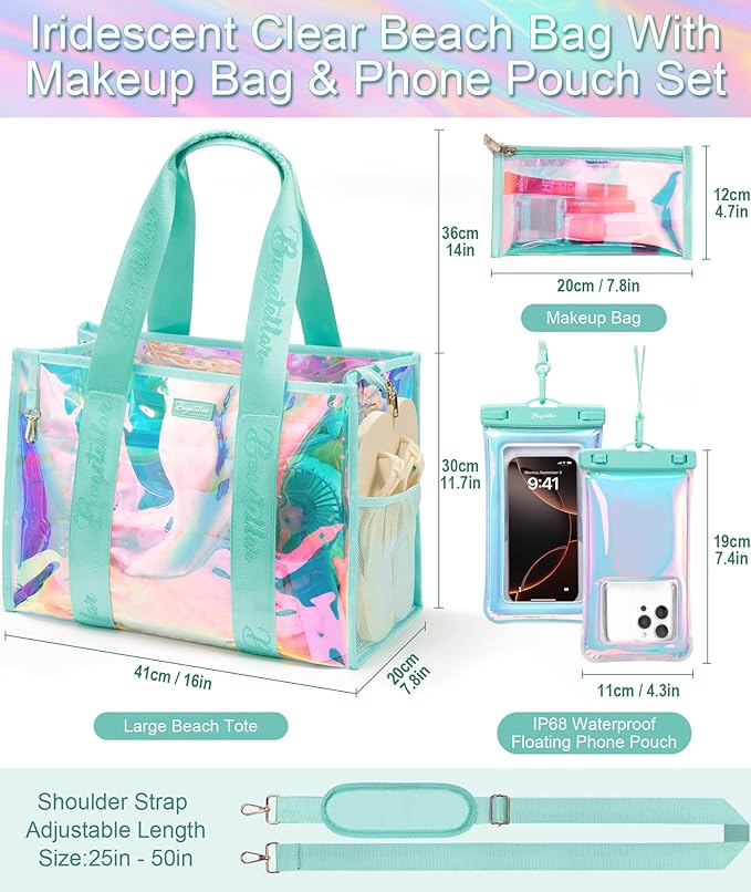 Bagstellar Iridescent Beach Tote Bags for Women, Large Zipper Beach Pool Swim Bag with Makeup Bag & Waterproof Phone Pouch | Waterproof Sandproof, Adjustable Strap, Packable, Foldable, Travel Tote Bags, Vacation Essentials, Gift for Women