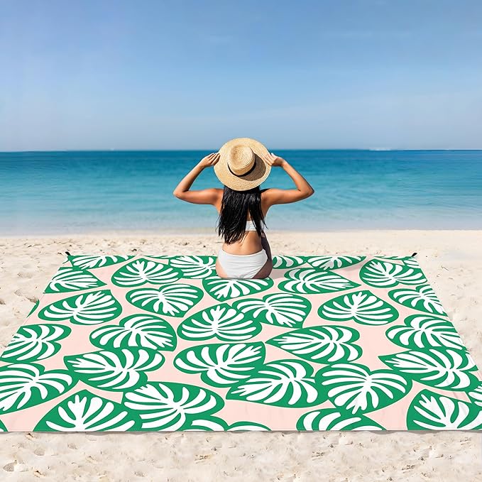 Beach Blanket Waterproof Sandproof, 9 Ft X 10 Ft Extra Large Sand Free Beach Mat, Big Compact Lightweight Quick Drying Picnic Blanket with 4 Stakes & Pockets for Camping, Travel, Hiking