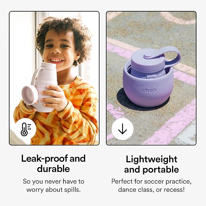 STOJO Jr Collapsible Bottle for Kids - Carnation Pink, 14oz / 400ml - Leak-Proof Reusable Silicone Travel Cup for Hot & Cold Drinks - For Home, On-The-Go Camping & Hiking - Microwave & Dishwasher Safe