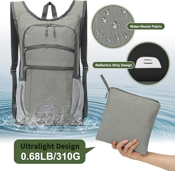 20L Lightweight Hiking Daypack, Foldable Travel Packable Backpack for Men Women for Cycling Camping Outdoor (Gray)