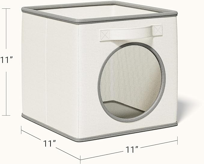 Vailando Ultra Thick Fabric Foldable Storage Bins with Round Window - 11 Inch Cube Storage Organizer for Clothes, Shelves, Offices, Toys & Misc, White & Ivory, 4 Pack