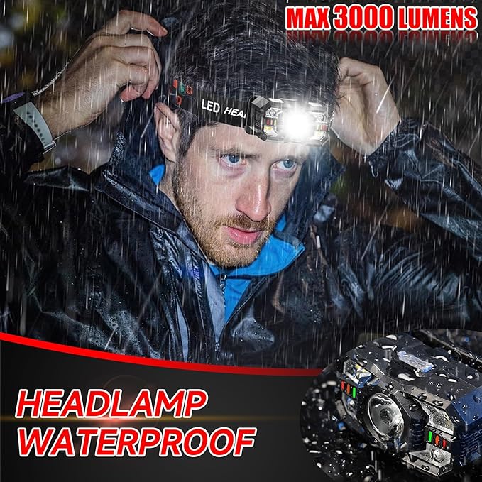 Headlamp Rechargeable 12Pack, 3000 Lumen Ultra-Light Bright Headlamp Flashlight with White Red Light, LED Headlight, 5+5 Mode for Outdoor Camping Fishing Running Hiking (12)