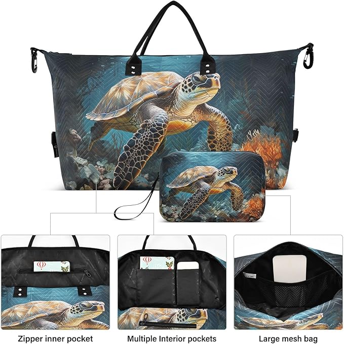 Sea Turtle Quilted Travel Bags Weekender Duffle Bags With Toiletry Bag Carry on Overnight Duffels Yoga Gym Bag for Airplanes Business Sports