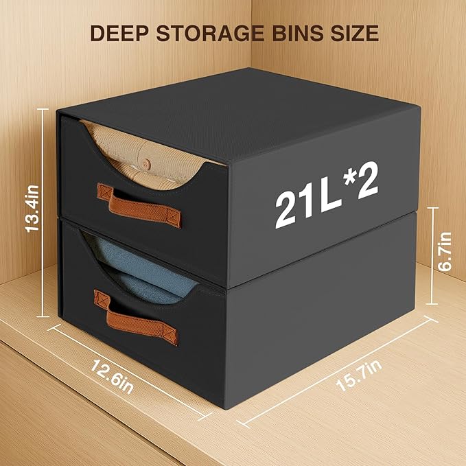 Large Stackable Storage Bins - Fabric Pull-out Closet Shelf Organizer, Linen Closet Organizers and Storage, Decorative Storage Boxes for Bedroom, Office, Dorm, 3 Pack, Black