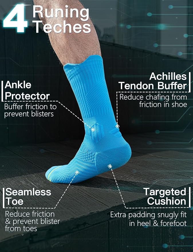 Compression Running Socks, Bamboo Viscose Coolmax Moisture-Wicking Anti-Blister Athletic Hiking Workout Gym Padded
