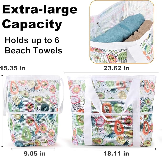 CaCTOUR Mesh Beach Bag,Large Beach Bags for Women with 8 Pockets,Packable Tote Bag for Beach Cruise Pool Vacation Essentials