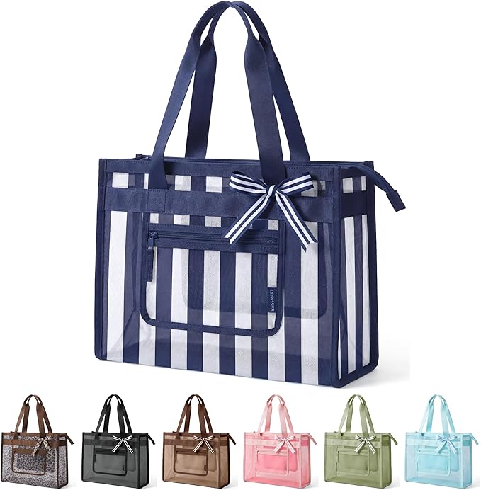 BAGSMART Mesh Beach Bag with Zipper Pocket, Large Beach Tote Bags for Women | for 40 oz Bottle, Removable Ribbon Bow, Sandproof & Washable, Cruise Essentials, for Swim, Pool, Gym, Vacation, Travel Bag