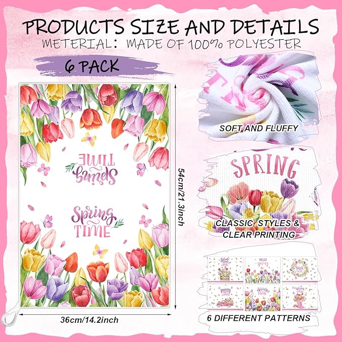 Breling Set of 6 Spring Kitchen Towels Tulip Dish Towel Flower Bathroom Decorative Rustic Dishcloth for Farmhouse Spring Kitchen Bathroom Home Cooking Housewarming Gifts, 14 x 21 Inch