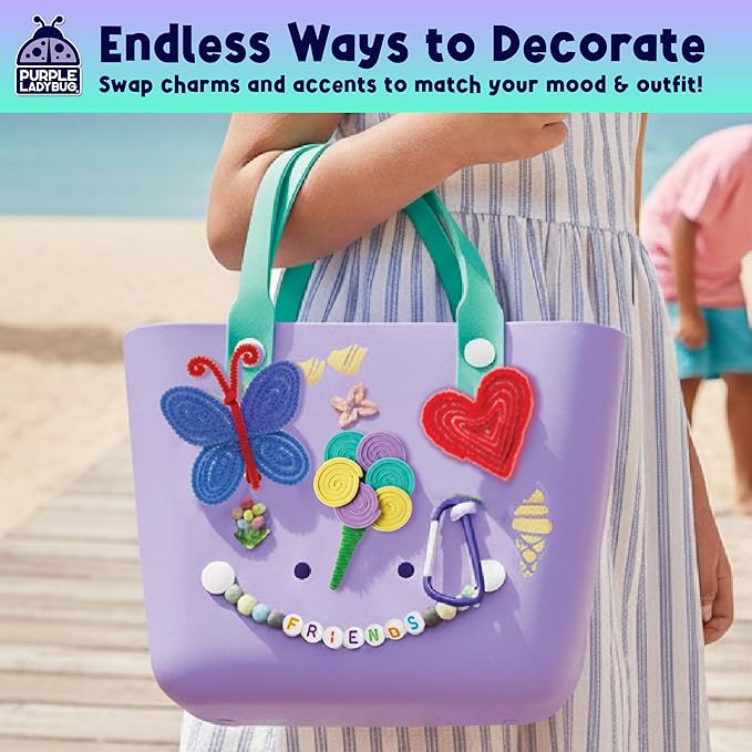 PURPLE LADYBUG Decorate Your Own Beach Tote Bag Tropical Fun- Themed Purple Rubber Beach Bag, Fun Girl Crafts for Girls Ages 6-8 Birthday Gift idea, Summer Travel Tote (Medium)
