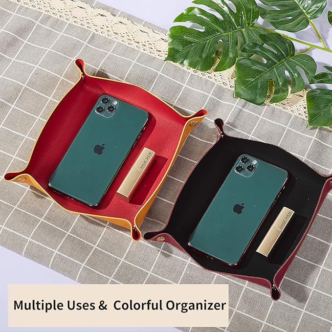 Leather Valet Tray, Catchall Tray Desktop Storage Organizer, Decorative Contrast Color Coin Box, EDC Dump Tray for candy Key Phone Jewelry Wallet Glasses Headphone Watch (pink +violet)