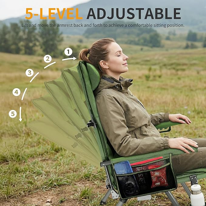 Folding Camping Chair with Cup Holder and Storage Bag, Heavy Duty Support 400 LBS, Oversized Collapsible Portable Adjustable Back Support Camping Chair for Outdoor (Adjustable-Green)