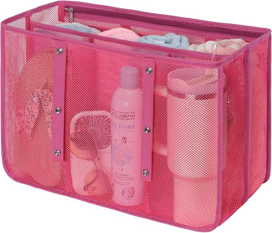 F-color Beach Bag Organizer Insert Compatible with Silicon Bag Original Large, Mesh Tote Liner with 10 Pockets & Adjustable Handle, Lightweight Divider Pouch for Beach Accessories Organizing, Pink