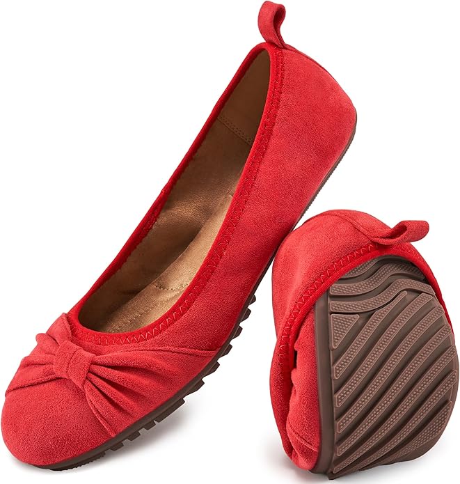 Ecetana Womens Flats Shoes Dressy: Round Toe Bowknot Suede Foldable Ballet Flats Comfortable Casual Slip On Loafers
