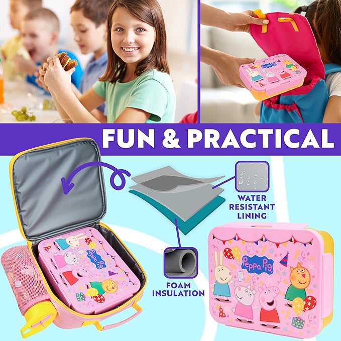 Get Trend Peppa Pig Lunch Bag, Lunch Box, Water Bottle for Kids 3 Piece Set Bento Box, Insulated Snack Container, Meal Holder Gifts for Kids (Multi Peppa Pig)