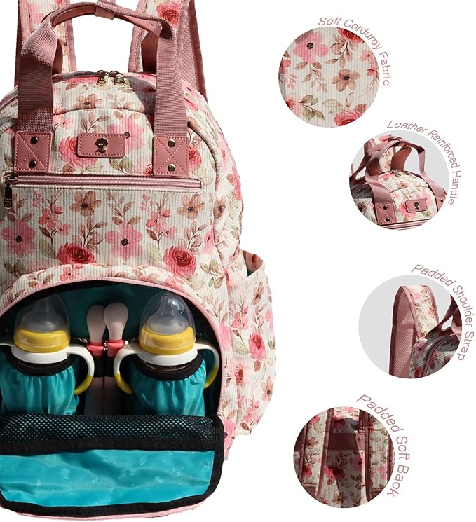 Diaper Bag Backpack, Large Capacity Multifunction Baby Essentials Fashion Travel Pack Linen Canvas office Laptop Bag (Corduroy Pink Flower)