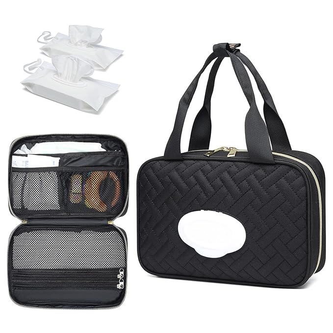 Diaper Bag Organizer with 2 Pieces Wipes Dispensers, Portable Stroller Mini Diaper Bag Pouches Travel Gear, Foldable Newborn Baby Essentials, Small Clutch, Black