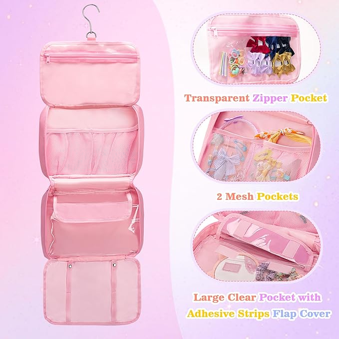 Hanging Hair Accessories Organizer for Baby Girls, Hair Bow Storage Bag, Travel Hair Stuff Case for Hair Clips, Hair Ties, Headbands, Scrunchies, Pink (Bag only)