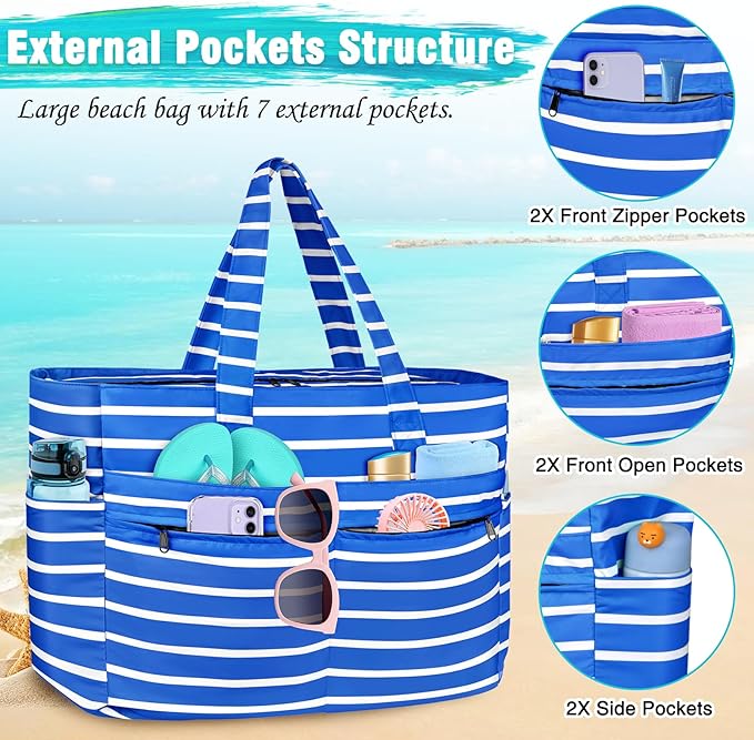HUANLANG Extra Large Beach Bag Waterproof Beach Totes Bags for Women Men,Pool Bag with Zipper Wet Pocket