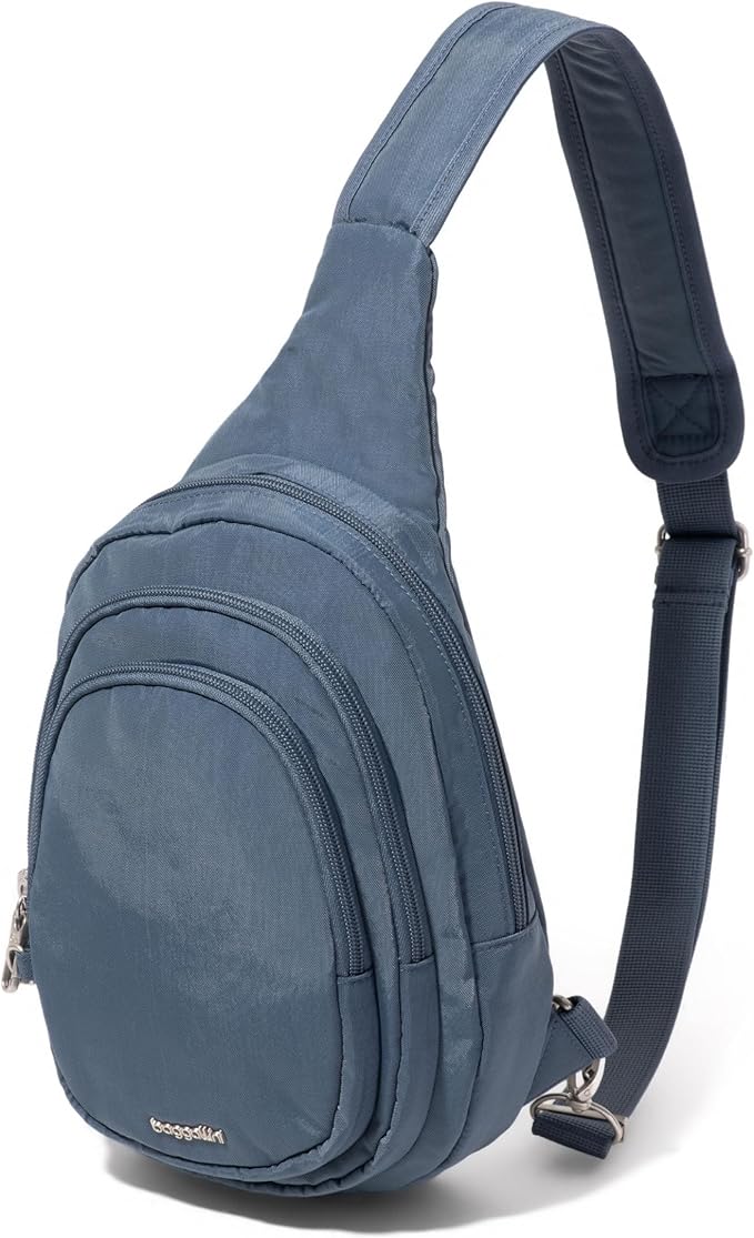 Baggallini Securtex® Anti-Theft Triple Zip Sling 8.6"x15.2" Travel Crossbody Backpack with RFID Wallet Locking Zipper