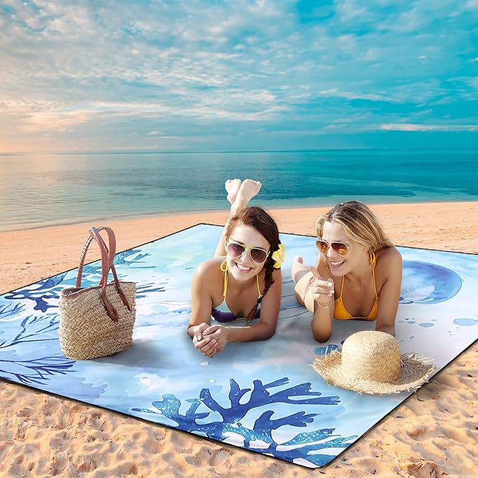 Beach Blanket Waterproof Sandproof Beach Mat for 1-8 Adults Quick Drying Durable Outdoor Picnic Mat for Beach Festival Travel Camping Hiking (Jellyfish, 79"×83"(4 Person))