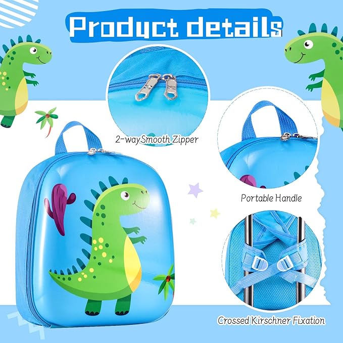 Sanwuta 4 Pcs Kids Luggage Set Rolling Suitcase Backpack U-shaped Pillow Kids Carry On Gift for Summer Travel Family Trip(17 Inch,Dinosaur Style,Blue)
