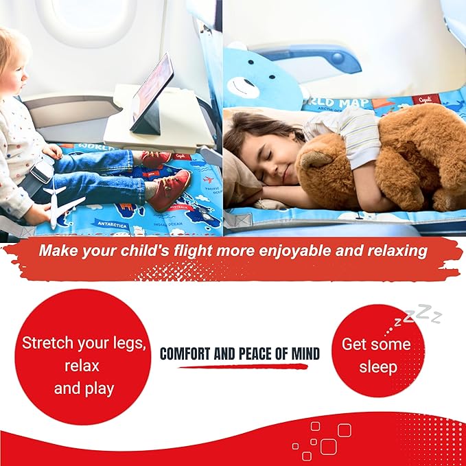 Kids Airplane Seat Extender - Enhance Your Child's In-Flight Comfort. Travel Toddler Bed, Leg Rest, Foot Hammock and Seat Extender, All in One (World Map - Blue)