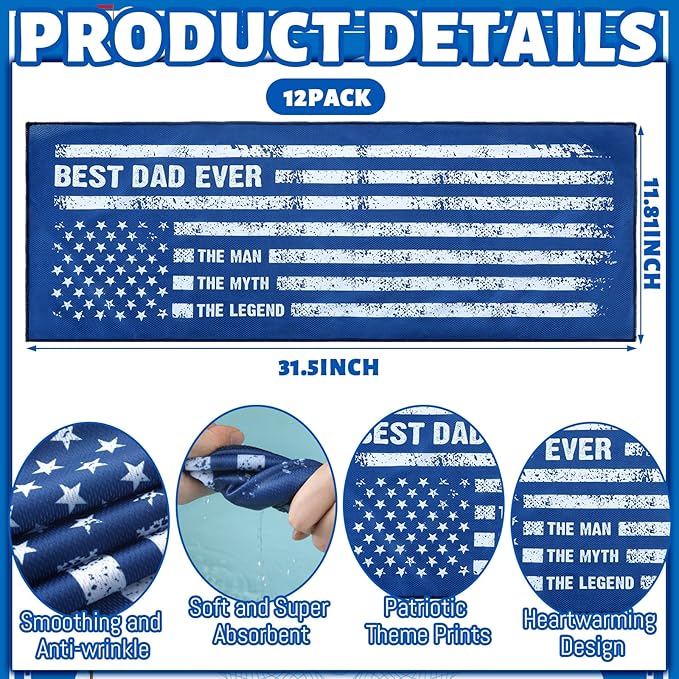 Moukeren 12 Pcs Bulk Best Dad Ever Cooling Towel Microfiber Breathable Towels Sport for Gym Yoga Travel Camping Running Outdoor Father's Day Birthday Gifts