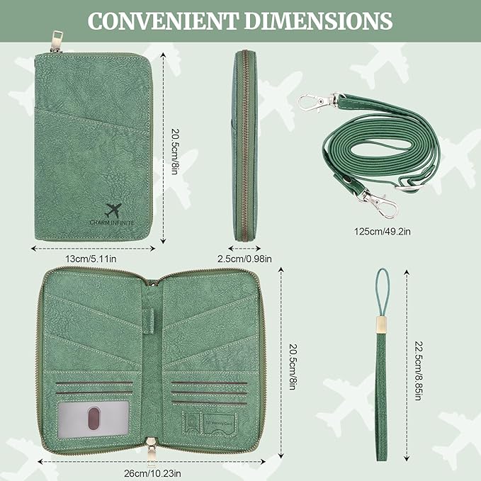Family Passport Holder Wallet with Zipper, RFID Blocking Travel Document Organizer for Women Men, Portable Case Cover for Cards, Boarding Pass, ID, Money, Tickets with Wrist/Neck Strap