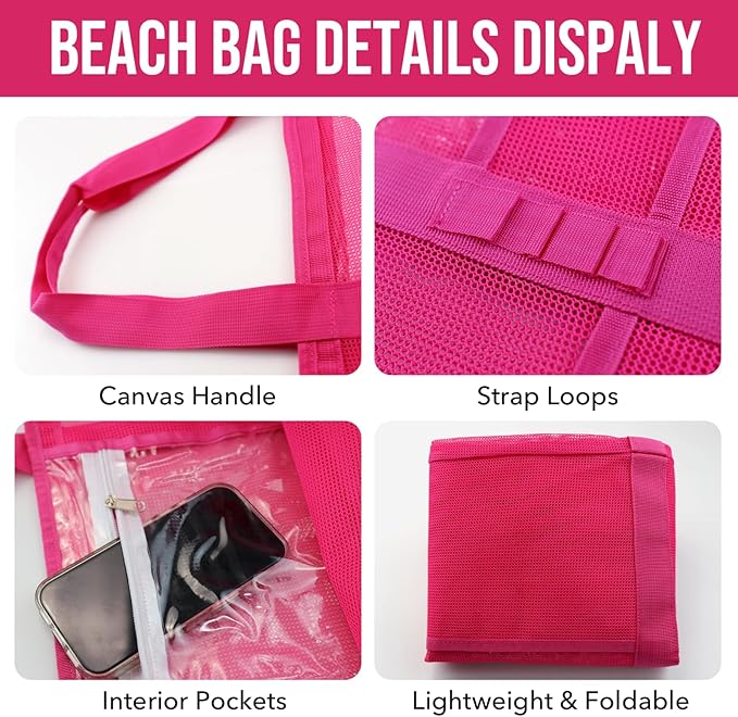 Large Mesh Beach Tote Bag, 9-Pocket Foldable Summer Vacation Beach Bag for Travel, Pool, Gym, Cruise