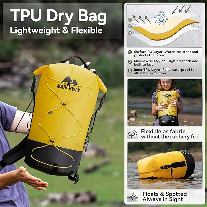 MARCHWAY Floating Roll Top Dry Bag, Flexible Lightweight TPU Waterproof Backpack 20L/30L/40L with Padded Straps for Boating, Kayaking, Swimming, Hiking, Beach (Yellow, 30L)