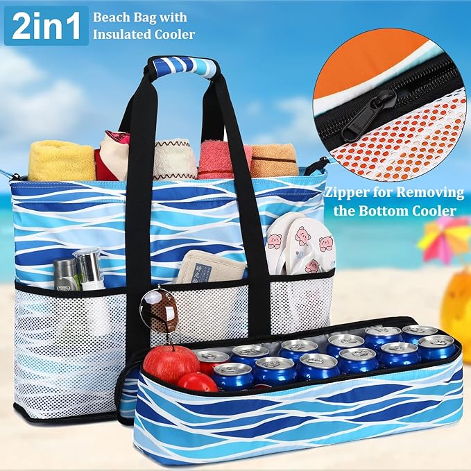 JIANYA Beach Bag Women Waterproof Sandproof Beach Tote Bags with Cooler Top Zipper Large Totes for Pool Travel Daily
