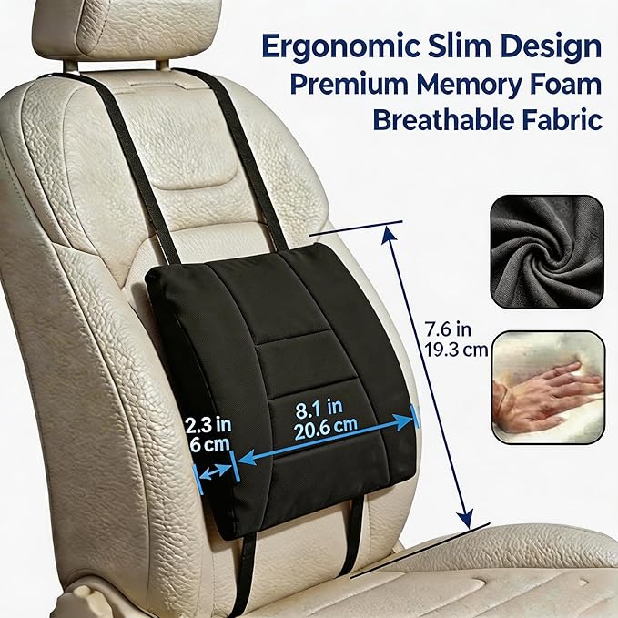 Big Hippo Ergonomic Memory Foam Lumbar Support Pillow for Car and Office Chair – Thick Lower Back Support Cushion for Driving, Gaming, and Long Sitting – Adjustable Strap, Relieves Lower Back Pain
