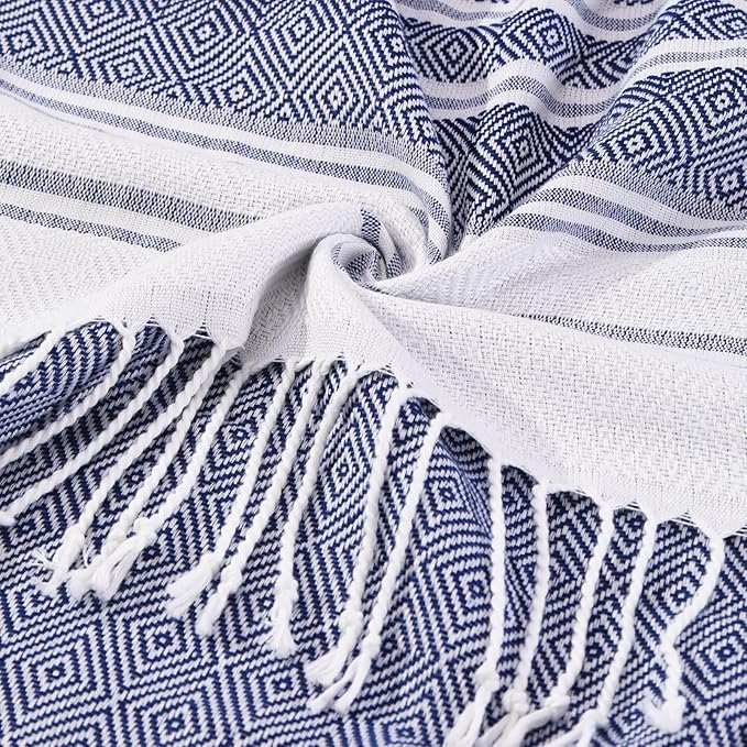 Genovega Oversized Cotton Turkish Beach Bath Towel Set 74"x38" Extra Large Sand Free Quick Dry Swim Camping Pool Clearance Towels Travel Blanket Adult Essentials Stripe Dark Blues