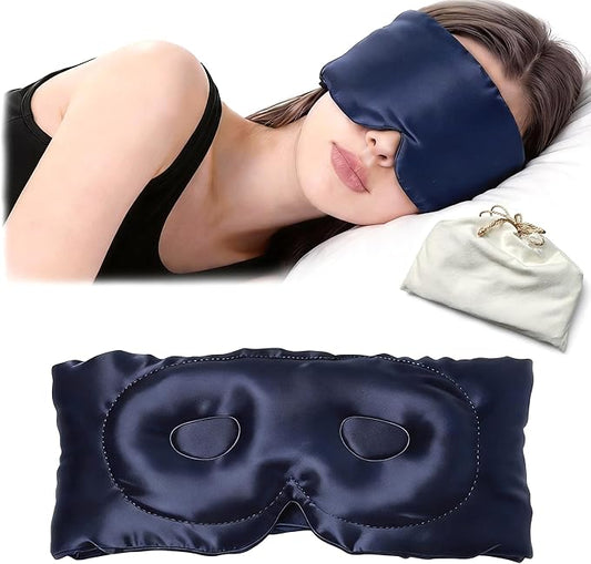 100% Mulberry Silk Sleep Mask for Women & Men – 22 Momme 6A Grade, 3D Contoured Total Blackout Eye Mask for Side Sleepers, Eyelash Extensions, Adjustable Strap, Breathable Blindfold (Navy Blue)
