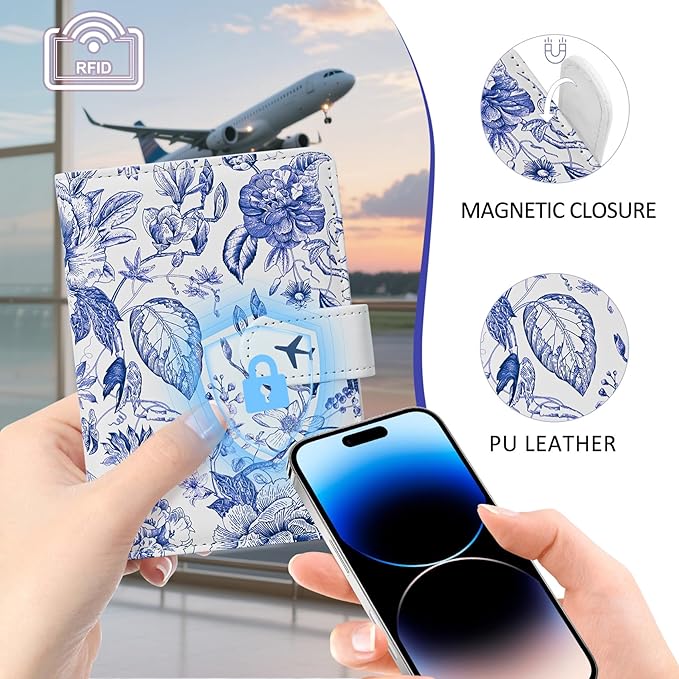 COSHAYSOO Personalized RFID Passport Holder for Travel Women Passports Cover Case Air Essentials Airplane Flight Accessories Airline Plane Flying Must Haves Christmas Gifts for Woman Travelers Blue