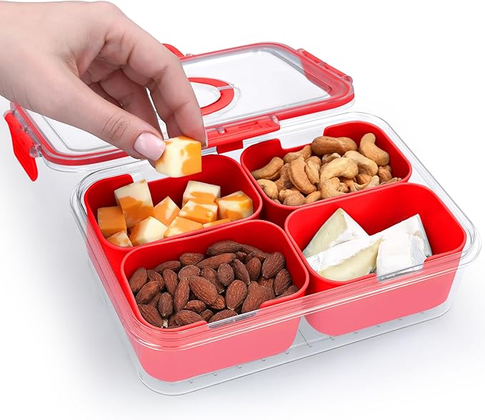 Snackle Box Container with Lid- Travel Charcuterie Box with Handle - Organizer for Candy, Fruit, Nuts, Veggies, Snacks, Beach Essentials, Portable Lunch Box (Red, Small)